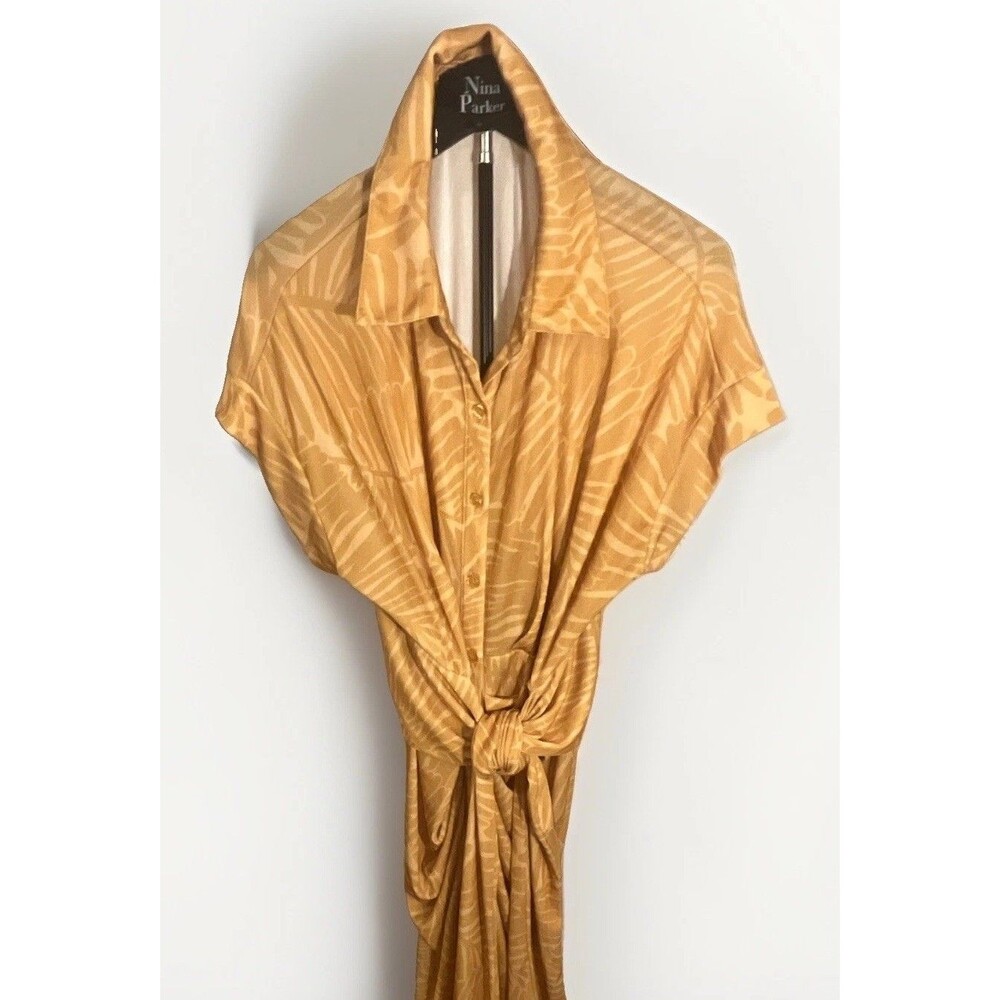 Nina Parker Women's 1X Gold Satin Animal Print Collared Short Sleeve dress